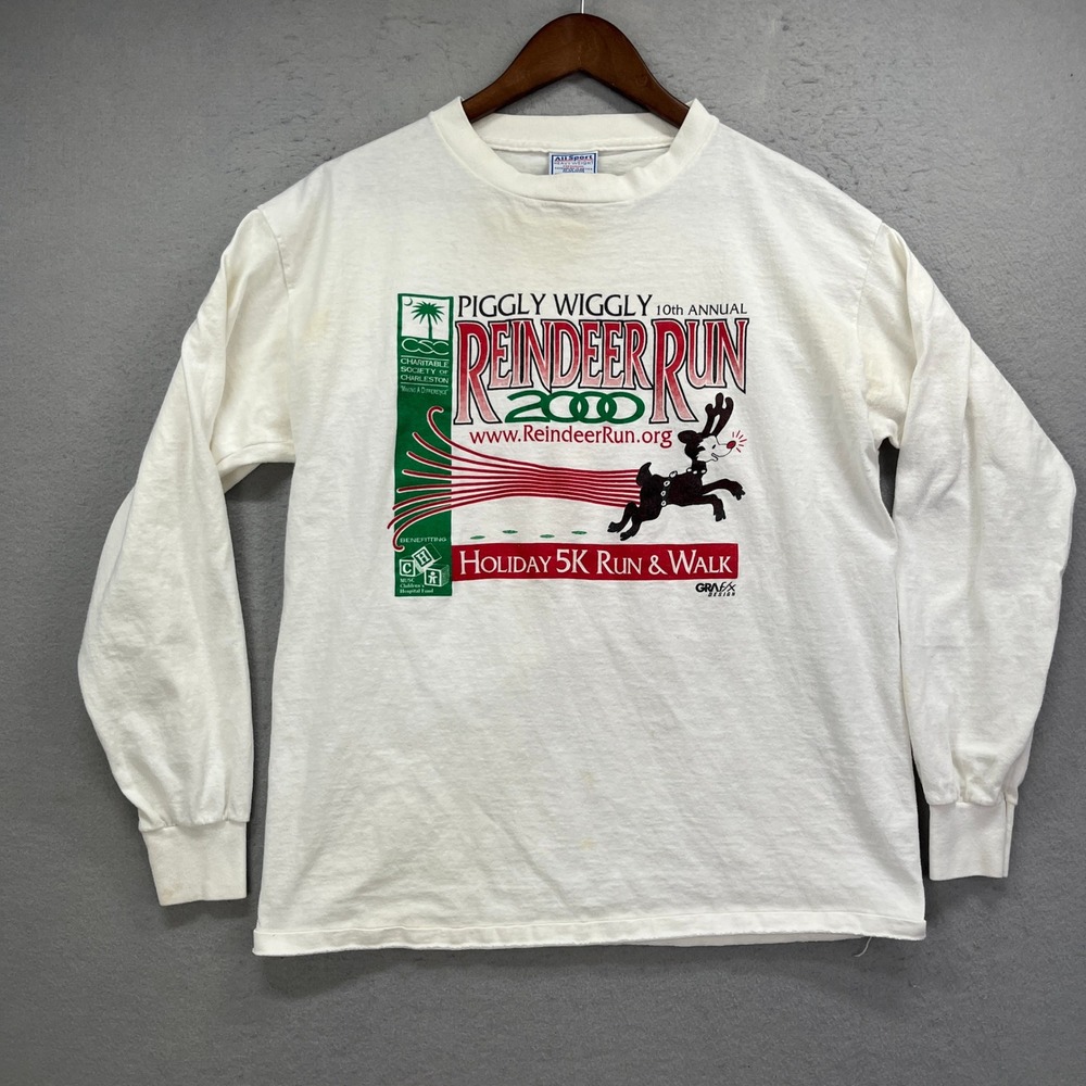 Piggly Wiggly Long Sleeve T Shirt Mens L White Reindeer Run 2000 Holiday Y2K